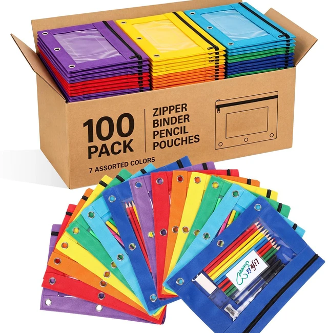 Main image of 100 Pcs Classroom Binder Pencil Pouches, Novel Color, 1 Zipper 3 Ring Binder Zipper Pencil Pouches, Mesh Layer Pencil Bags Bulk, Pencils Pouches for Students, Back to School Pen Bags