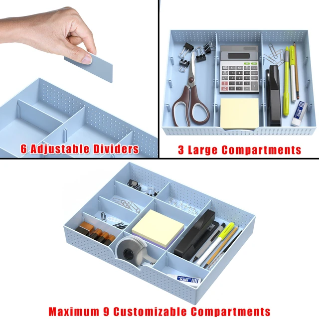 Alt view image 3 of 7 - Drawer Organizer Tray, 9 Adjustable Compartments, Blue For Office, Makeup, and Craft Drawer or Desktop Storage