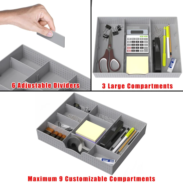 Alt view image 3 of 7 - Drawer Organizer Tray, 9 Adjustable Compartments, Gray For Office, Makeup, and Craft Drawer or Desktop Storage