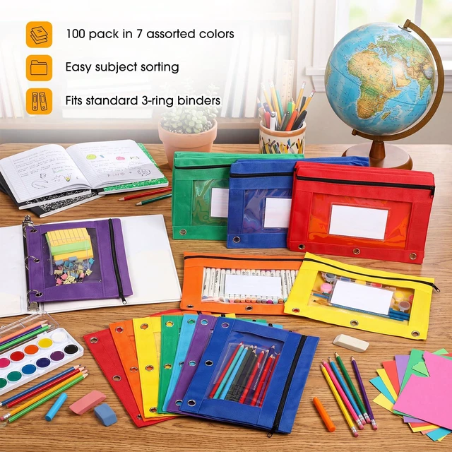 Alt view image 3 of 7 - 100 Pcs Classroom Binder Pencil Pouches, Novel Color, 1 Zipper 3 Ring Binder Zipper Pencil Pouches, Mesh Layer Pencil Bags Bulk, Pencils Pouches for Students, Back to School Pen Bags