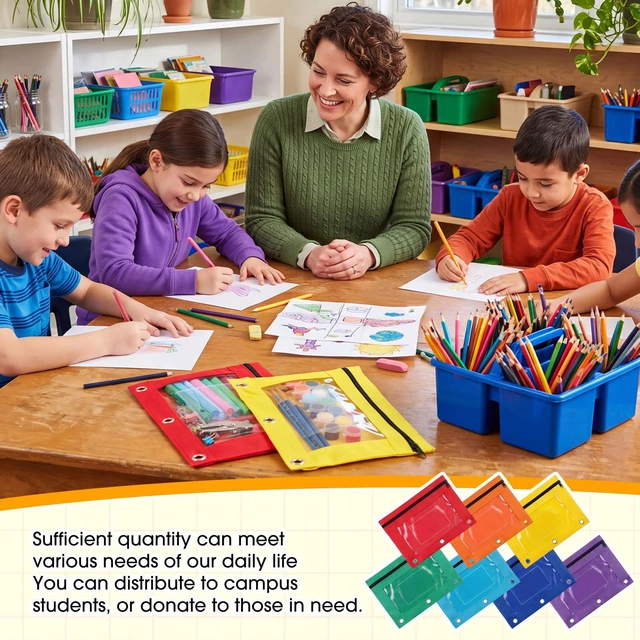 Alt view image 2 of 7 - 100 Pcs Classroom Binder Pencil Pouches, Novel Color, 1 Zipper 3 Ring Binder Zipper Pencil Pouches, Mesh Layer Pencil Bags Bulk, Pencils Pouches for Students, Back to School Pen Bags