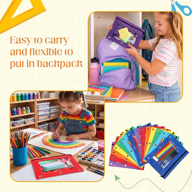 Alt view image 6 of 7 - 100 Pcs Classroom Binder Pencil Pouches, Novel Color, 1 Zipper 3 Ring Binder Zipper Pencil Pouches, Mesh Layer Pencil Bags Bulk, Pencils Pouches for Students, Back to School Pen Bags