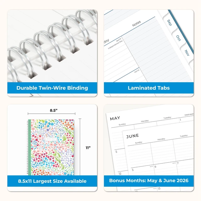 Alt view image 7 of 7 - 2026-2027 Weekly & Monthly Academic Planner, 8.5"x11" Ditsy Dapple July 2026 - June 2027, Clear Pocket Cover, Wirebound, Laminated Tabs, Storage Pocket, Academic Year