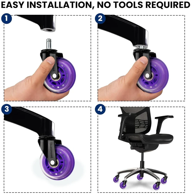 Alt view image 3 of 7 - Office Chair Wheels - Set of 5 Rollerblade-Style Caster Wheels, Smooth & Quiet Rolling, Protects Hardwood Floors & Carpets, Universal Fit, Durable and Long-Lasting - Purple