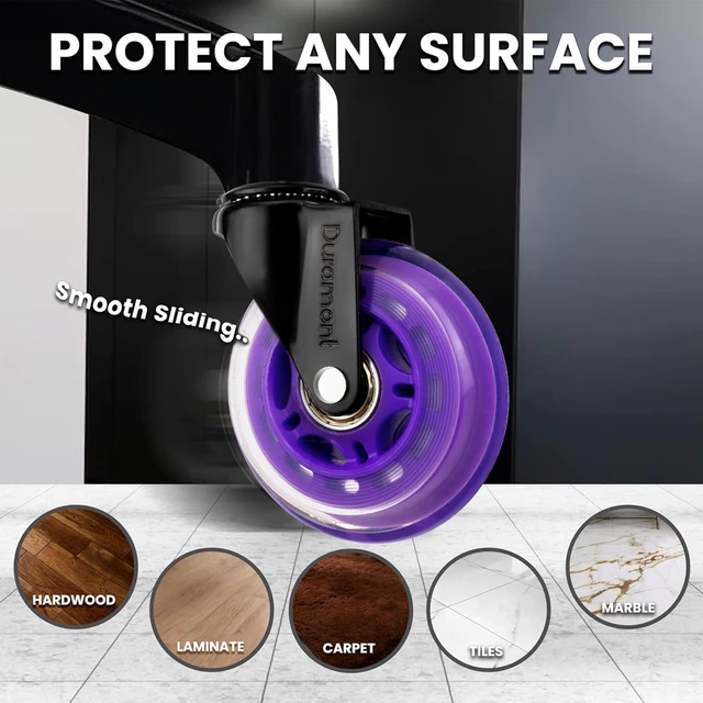 Alt view image 4 of 7 - Office Chair Wheels - Set of 5 Rollerblade-Style Caster Wheels, Smooth & Quiet Rolling, Protects Hardwood Floors & Carpets, Universal Fit, Durable and Long-Lasting - Purple