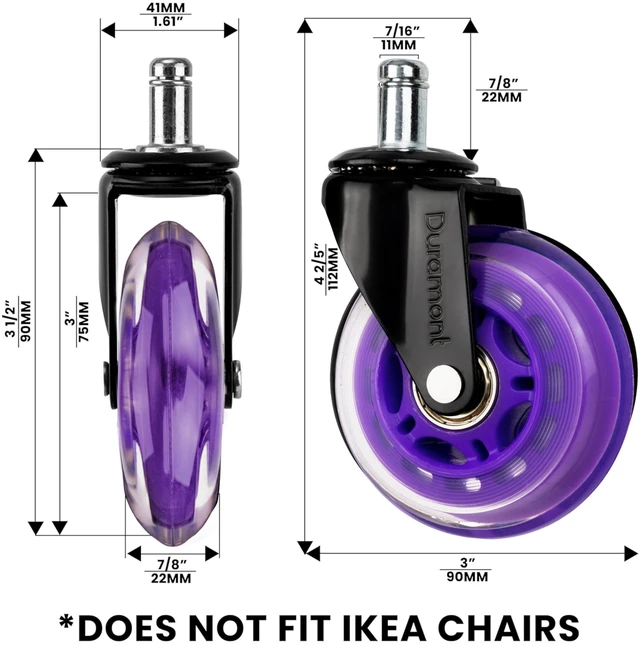 Alt view image 6 of 7 - Office Chair Wheels - Set of 5 Rollerblade-Style Caster Wheels, Smooth & Quiet Rolling, Protects Hardwood Floors & Carpets, Universal Fit, Durable and Long-Lasting - Purple