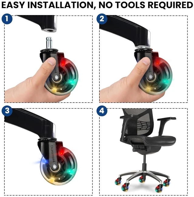 Alt view image 3 of 7 - Office Chair Wheels - Set of 5 Rollerblade-Style Caster Wheels, Smooth & Quiet Rolling, Protects Hardwood Floors & Carpets, Universal Fit, Durable and Long-Lasting - Multicolor