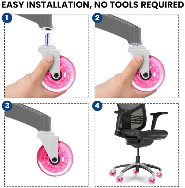 Alt view image 3 of 7 - Office Chair Wheels - Set of 5 Rollerblade-Style Caster Wheels, Smooth & Quiet Rolling, Protects Hardwood Floors & Carpets, Universal Fit, Durable and Long-Lasting - Pink