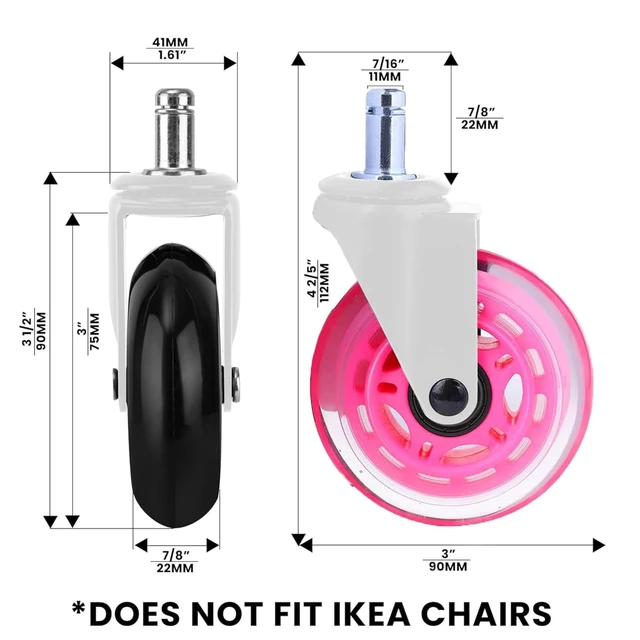 Alt view image 6 of 7 - Office Chair Wheels - Set of 5 Rollerblade-Style Caster Wheels, Smooth & Quiet Rolling, Protects Hardwood Floors & Carpets, Universal Fit, Durable and Long-Lasting - Pink