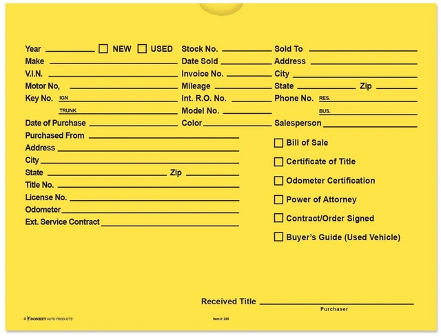 Main image of Printed Vehicle Deal Envelopes 9x12 Deal Jackets (100 shrink wrapped) (Yellow)
