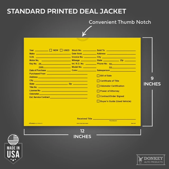 Alt view image 2 of 7 - Printed Vehicle Deal Envelopes 9x12 Deal Jackets (100 shrink wrapped) (Yellow)