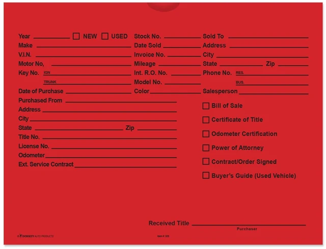 Main image of Printed Vehicle Deal Envelopes 9x12 Deal Jackets (100 shrink wrapped) (Red)