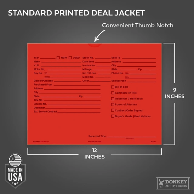 Alt view image 2 of 7 - Printed Vehicle Deal Envelopes 9x12 Deal Jackets (100 shrink wrapped) (Red)