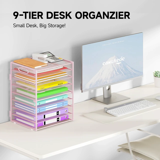 Alt view image 2 of 7 - 9 Tier Paper Organizer with Handle, Large Capacity Desk Organizer Mesh Paper Letter Tray File Folder Document Sorter for Classroom and Office Accessories Organization- Pink (2 Pack)