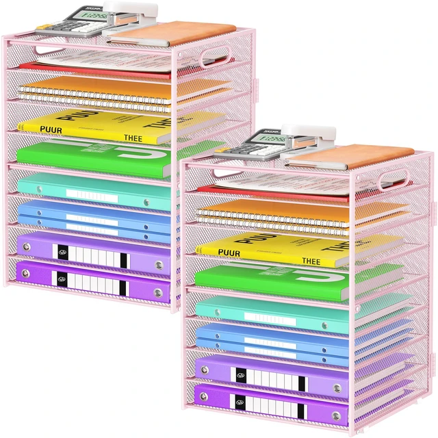 Main image of 9 Tier Paper Organizer with Handle, Large Capacity Desk Organizer Mesh Paper Letter Tray File Folder Document Sorter for Classroom and Office Accessories Organization- Pink (2 Pack)