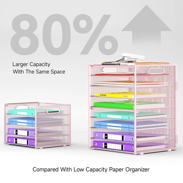 Alt view image 3 of 7 - 9 Tier Paper Organizer with Handle, Large Capacity Desk Organizer Mesh Paper Letter Tray File Folder Document Sorter for Classroom and Office Accessories Organization- Pink (2 Pack)