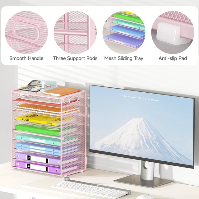 Alt view image 4 of 7 - 9 Tier Paper Organizer with Handle, Large Capacity Desk Organizer Mesh Paper Letter Tray File Folder Document Sorter for Classroom and Office Accessories Organization- Pink (2 Pack)