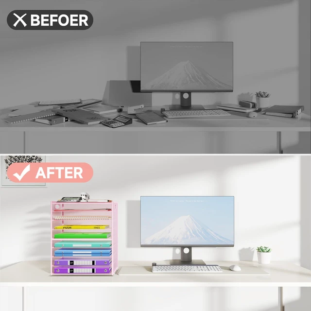 Alt view image 5 of 7 - 9 Tier Paper Organizer with Handle, Large Capacity Desk Organizer Mesh Paper Letter Tray File Folder Document Sorter for Classroom and Office Accessories Organization- Pink (2 Pack)