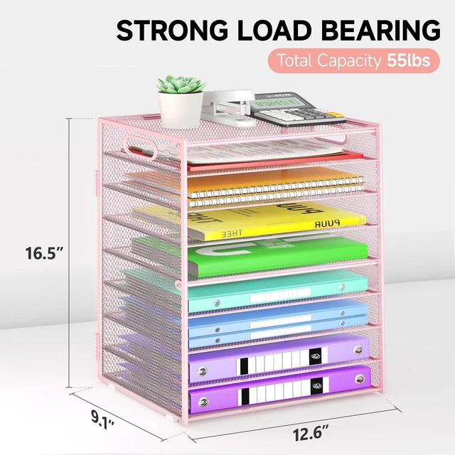 Alt view image 7 of 7 - 9 Tier Paper Organizer with Handle, Large Capacity Desk Organizer Mesh Paper Letter Tray File Folder Document Sorter for Classroom and Office Accessories Organization- Pink (2 Pack)