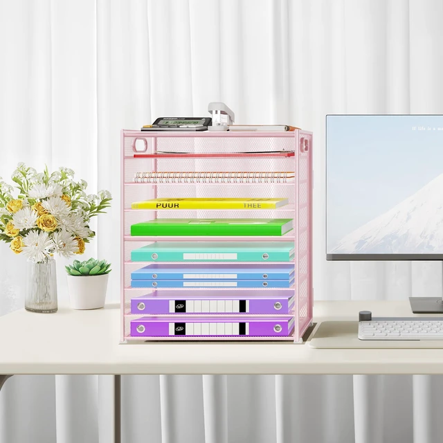 Alt view image 6 of 7 - 9 Tier Paper Organizer with Handle, Large Capacity Desk Organizer Mesh Paper Letter Tray File Folder Document Sorter for Classroom and Office Accessories Organization- Pink (2 Pack)