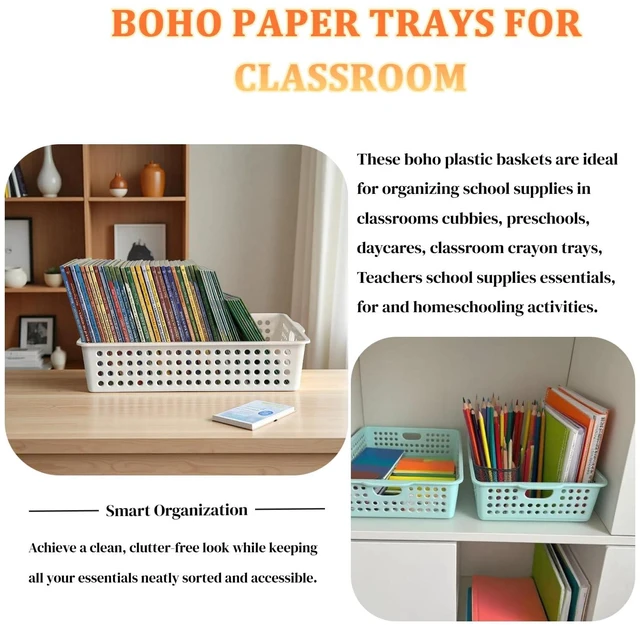 Alt view image 6 of 7 - 6 Pack Plastic Turn in Paper Trays for Classroom, Storage Bin Baskets, Boho Organizing Desk Organizers for School Supplies, Classroom Organization and Storage Tray Holds 4A Paper