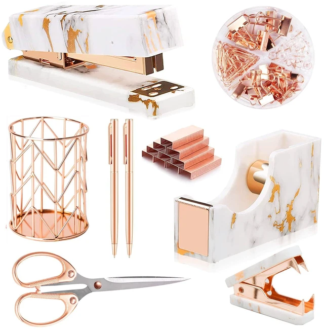 Main image of Rose Gold Marble Desk Accessories, Office Supplies Set Stapler Staple Remover, Tape Holder, Pen 2 Ballpoint Pen, Scissor, Binder Clips, Paper Clips and 1000pcs Staples