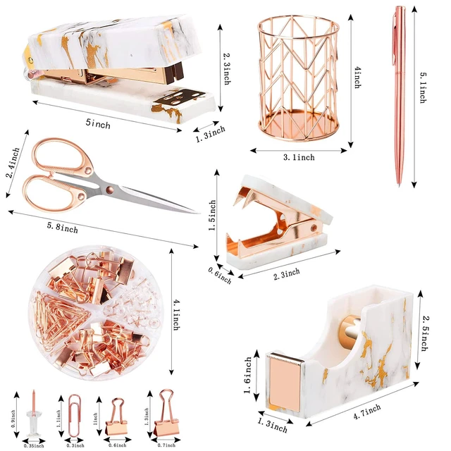 Alt view image 2 of 6 - Rose Gold Marble Desk Accessories, Office Supplies Set Stapler Staple Remover, Tape Holder, Pen 2 Ballpoint Pen, Scissor, Binder Clips, Paper Clips and 1000pcs Staples