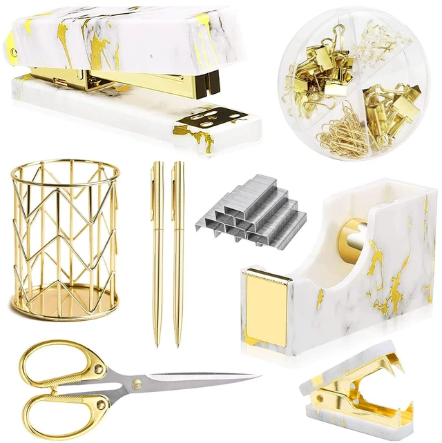 Main image of Gold Marble Desk Accessories, Office Supplies Set Stapler Set Staple Remover, Tape Holder, Pen Holder, 2 Ballpoint Pen, Scissor, Binder Clips, Paper Clips and 1000pcs Staples