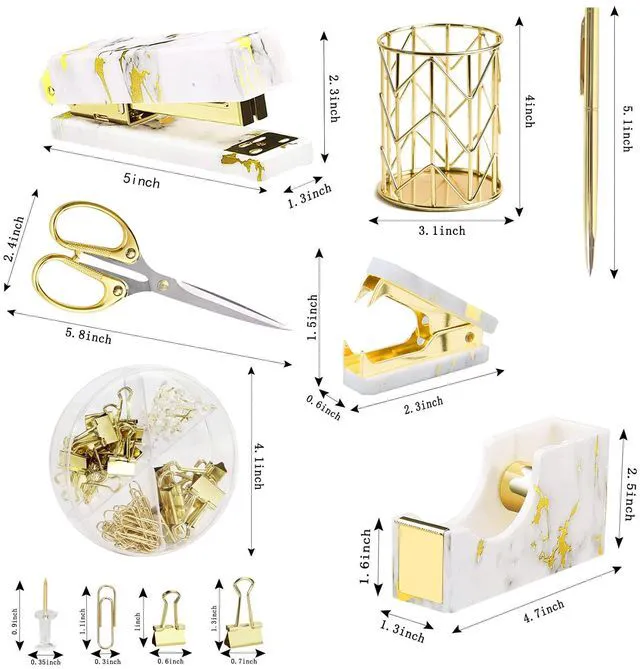 Alt view image 2 of 7 - Gold Marble Desk Accessories, Office Supplies Set Stapler Set Staple Remover, Tape Holder, Pen Holder, 2 Ballpoint Pen, Scissor, Binder Clips, Paper Clips and 1000pcs Staples