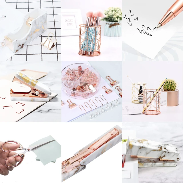 Alt view image 5 of 6 - Rose Gold Marble Desk Accessories, Office Supplies Set Stapler Staple Remover, Tape Holder, Pen 2 Ballpoint Pen, Scissor, Binder Clips, Paper Clips and 1000pcs Staples