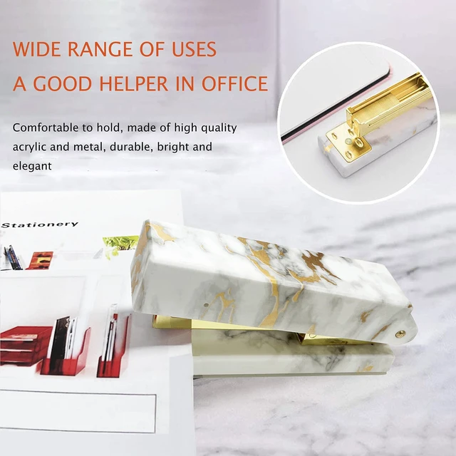 Alt view image 3 of 7 - Gold Marble Desk Accessories, Office Supplies Set Stapler Set Staple Remover, Tape Holder, Pen Holder, 2 Ballpoint Pen, Scissor, Binder Clips, Paper Clips and 1000pcs Staples