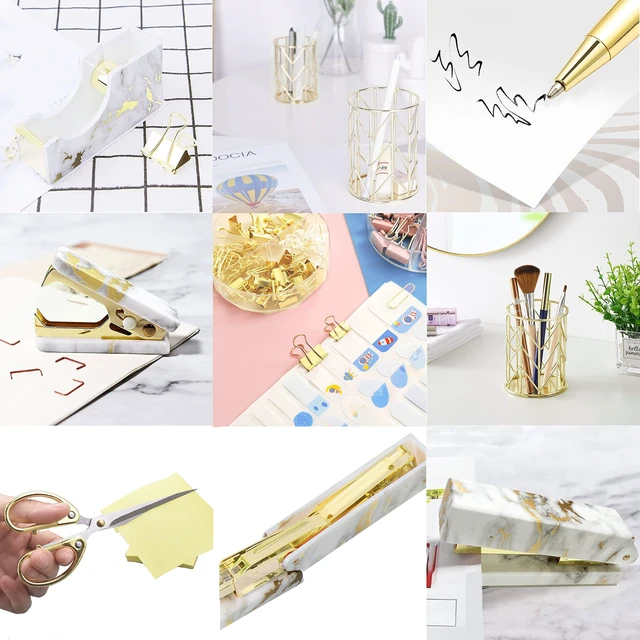 Alt view image 5 of 7 - Gold Marble Desk Accessories, Office Supplies Set Stapler Set Staple Remover, Tape Holder, Pen Holder, 2 Ballpoint Pen, Scissor, Binder Clips, Paper Clips and 1000pcs Staples