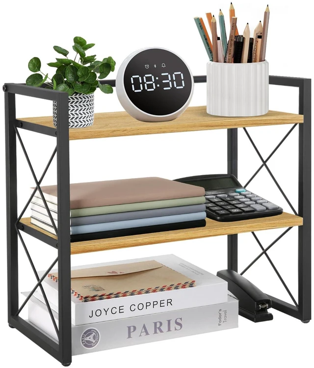 Main image of Desktop Shelf Organizer, 2 Tier Office Shelves, Wood Desk Organizer Storage Rack and Freestanding Display Shelf for Office, Dormitory, Home (Black Wood)
