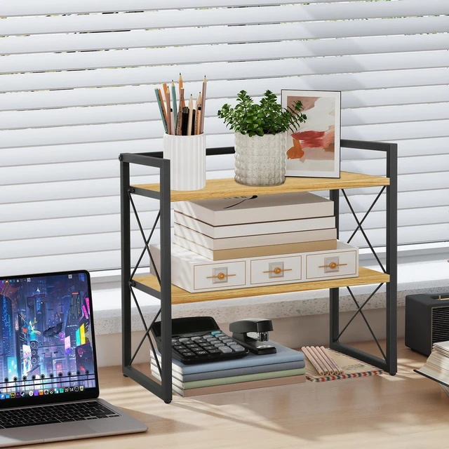 Alt view image 2 of 7 - Desktop Shelf Organizer, 2 Tier Office Shelves, Wood Desk Organizer Storage Rack and Freestanding Display Shelf for Office, Dormitory, Home (Black Wood)