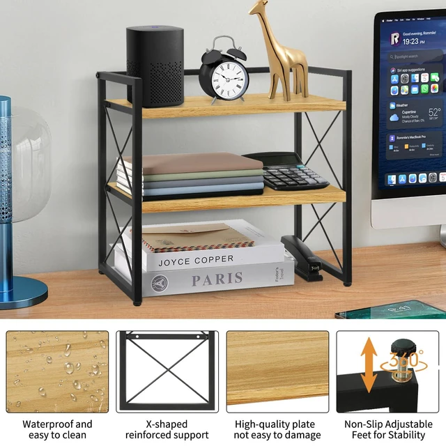 Alt view image 4 of 7 - Desktop Shelf Organizer, 2 Tier Office Shelves, Wood Desk Organizer Storage Rack and Freestanding Display Shelf for Office, Dormitory, Home (Black Wood)