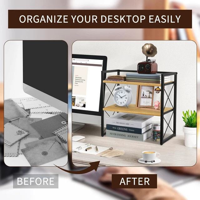 Alt view image 5 of 7 - Desktop Shelf Organizer, 2 Tier Office Shelves, Wood Desk Organizer Storage Rack and Freestanding Display Shelf for Office, Dormitory, Home (Black Wood)