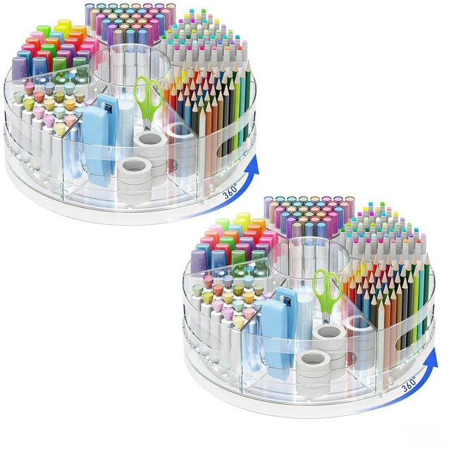 Main image of 2 Packs Rotating Clear Acrylic Pen Holder, Marker Organizer Pen organizer for desk and art supply organizer with 7 removable sections for markers, pencils, brushes, and office supplies