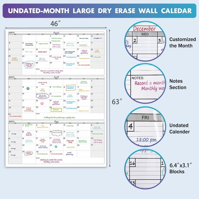 Alt view image 3 of 7 - Large Calendar whiteboard for wall, Dry Erase 3 Month Calendar 46 x 63In Big Quarterly Erasable Three Monthly White Board, Huge 90 Day Multi Months Calendars, Jumbo Laminated Planner For Office