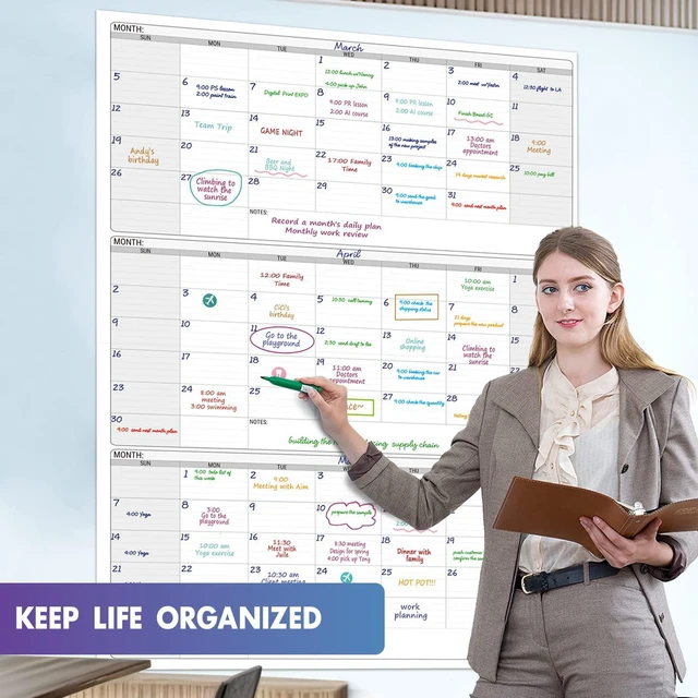 Alt view image 7 of 7 - Large Calendar whiteboard for wall, Dry Erase 3 Month Calendar 46 x 63In Big Quarterly Erasable Three Monthly White Board, Huge 90 Day Multi Months Calendars, Jumbo Laminated Planner For Office