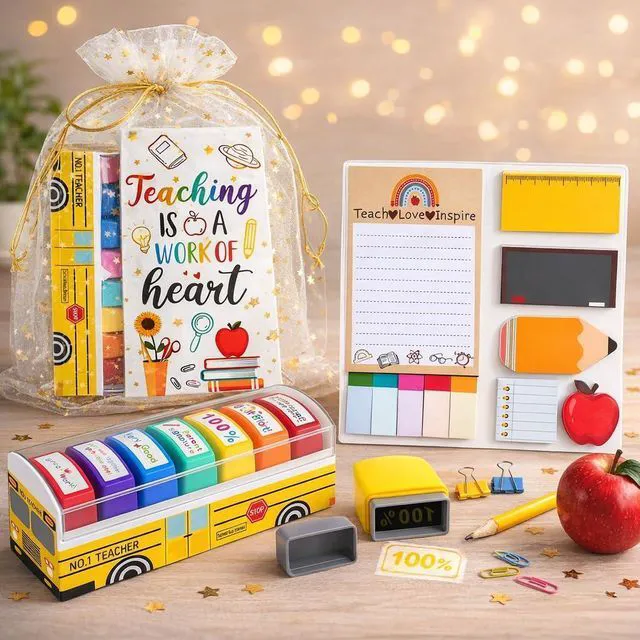 Alt view image 7 of 7 - Teacher Back to School Appreciation Birthday Gifts for Women First Day of School Gifts for Preschool Teacher, Teacher Stamps, Sticky Self-Stick Notes Pads, Classroom Supplies Must Haves
