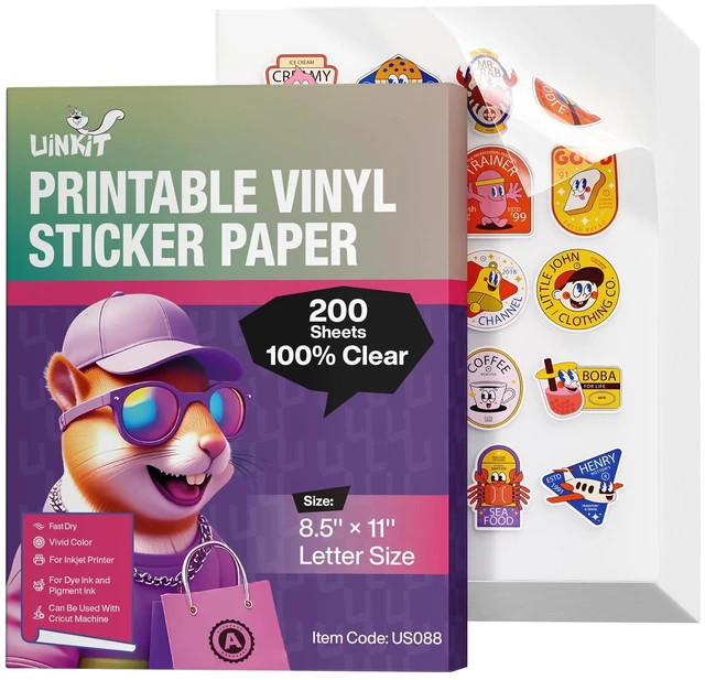 Main image of 100% Clear Printable Vinyl Sticker Paper Letter Size 8.5"x11" Vivid Colors, Self-Adhesive 200 Sheets Labels for Product Packaging, Glass Jars & Custom DIY Sticker