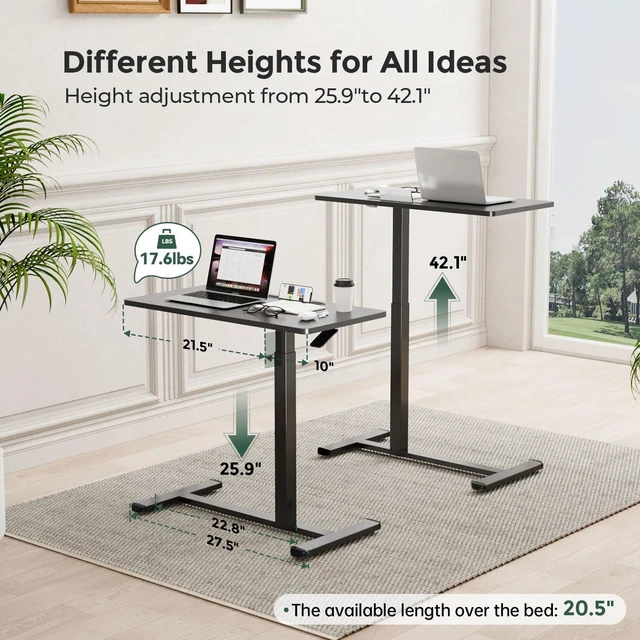 Alt view image 2 of 7 - 32 Rolling Mobile Standing Desk, Bedside Table with Wheels Portable Laptop Desk with Slot, Hidden Wheels, Small Overbed Pneumatic Height Adjustable Cart for Bed, Couch, Hospital, Black