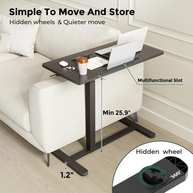Alt view image 3 of 7 - 32 Rolling Mobile Standing Desk, Bedside Table with Wheels Portable Laptop Desk with Slot, Hidden Wheels, Small Overbed Pneumatic Height Adjustable Cart for Bed, Couch, Hospital, Black