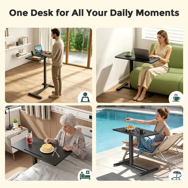 Alt view image 7 of 7 - 32 Rolling Mobile Standing Desk, Bedside Table with Wheels Portable Laptop Desk with Slot, Hidden Wheels, Small Overbed Pneumatic Height Adjustable Cart for Bed, Couch, Hospital, Black