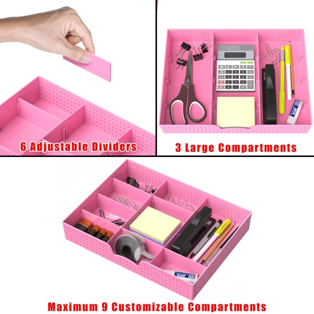 Alt view image 3 of 7 - Drawer Organizer Tray, 9 Adjustable Compartments, Pink For Office, Makeup, and Craft Drawer or Desktop Storage