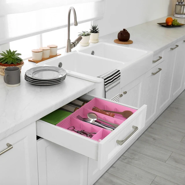 Alt view image 5 of 7 - Drawer Organizer Tray, 9 Adjustable Compartments, Pink For Office, Makeup, and Craft Drawer or Desktop Storage