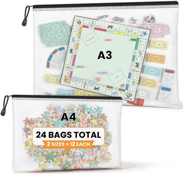 Main image of Black A3 A4 Mesh Zipper Storage Bags, 24 Pack File Organizer Pouches 12pcs A3 & 12pcs A4 Bag, Large Sizes Organize Documents, Contracts and Project Files with Labels for a Professional Workspace