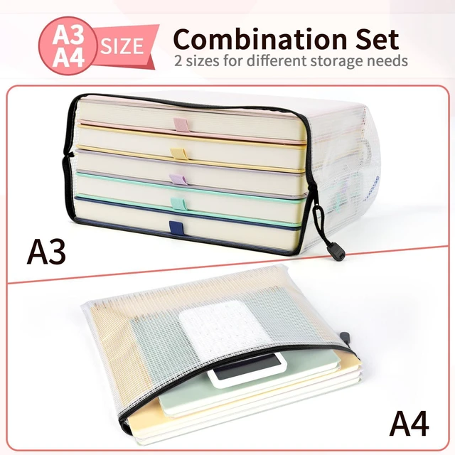 Alt view image 2 of 7 - Black A3 A4 Mesh Zipper Storage Bags, 24 Pack File Organizer Pouches 12pcs A3 & 12pcs A4 Bag, Large Sizes Organize Documents, Contracts and Project Files with Labels for a Professional Workspace