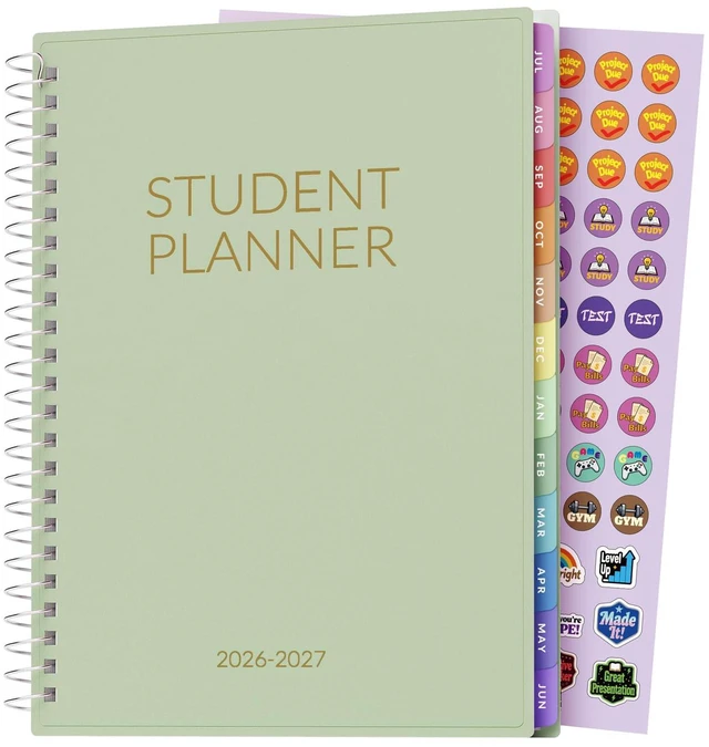Main image of Student Planner 2026-2027, Middle or High School Planner for Academic Year Jul. 2026 - Jun. 2027, 6.5" x 8.3" Lesson Plan Datebook with PVC Waterproof Cover, Bookmark, Planning Stickers, Green