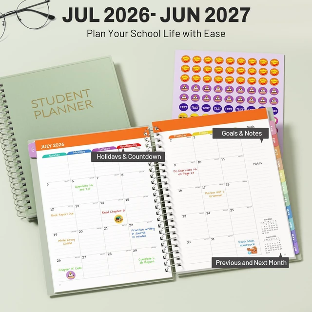 Alt view image 2 of 7 - Student Planner 2026-2027, Middle or High School Planner for Academic Year Jul. 2026 - Jun. 2027, 6.5" x 8.3" Lesson Plan Datebook with PVC Waterproof Cover, Bookmark, Planning Stickers, Green